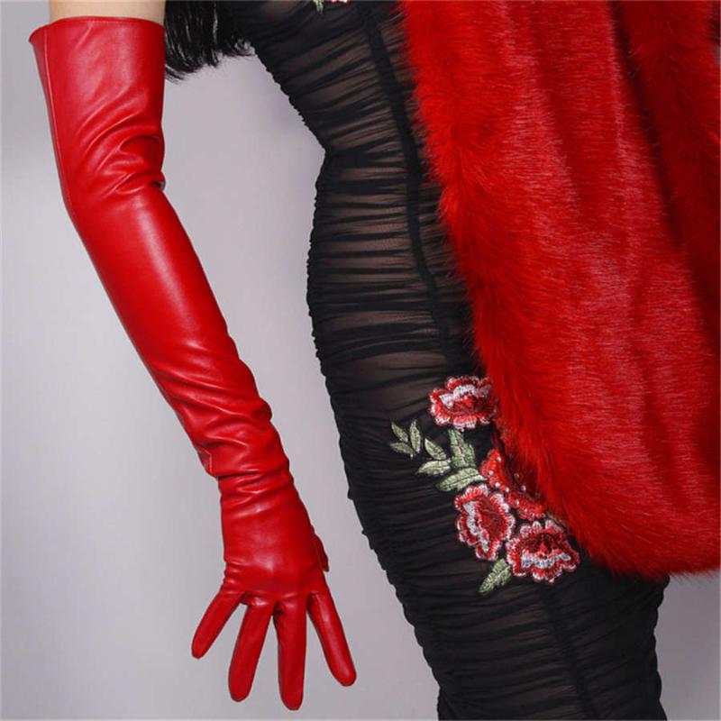 

Extra Long Leather Gloves 60cm For Above The Elbow Made Of Artificial Sheepskin PU Unlined Women Gloves Red 3-PUDH60