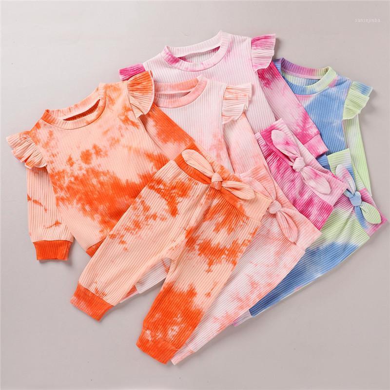 

Autumn Baby 2Pcs Clothes Set Baby Girls Ruffles Tie Dye Print Long Sleeve Ruffle T-Shirt+Bowknot Pants Ribbed Knitted Outfits1