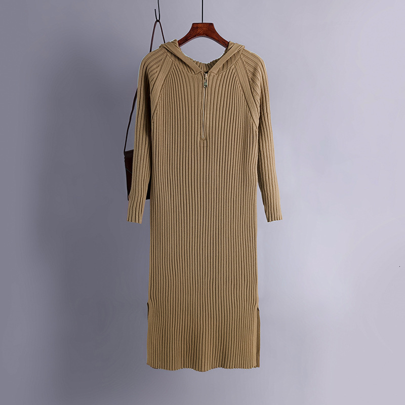 

2021 New Thicken Long Knit Straight Maxi Hooded Coarse Needle Women Sweater Elastic Jumper Christmas Party Midi Dress 2sec, Khaki
