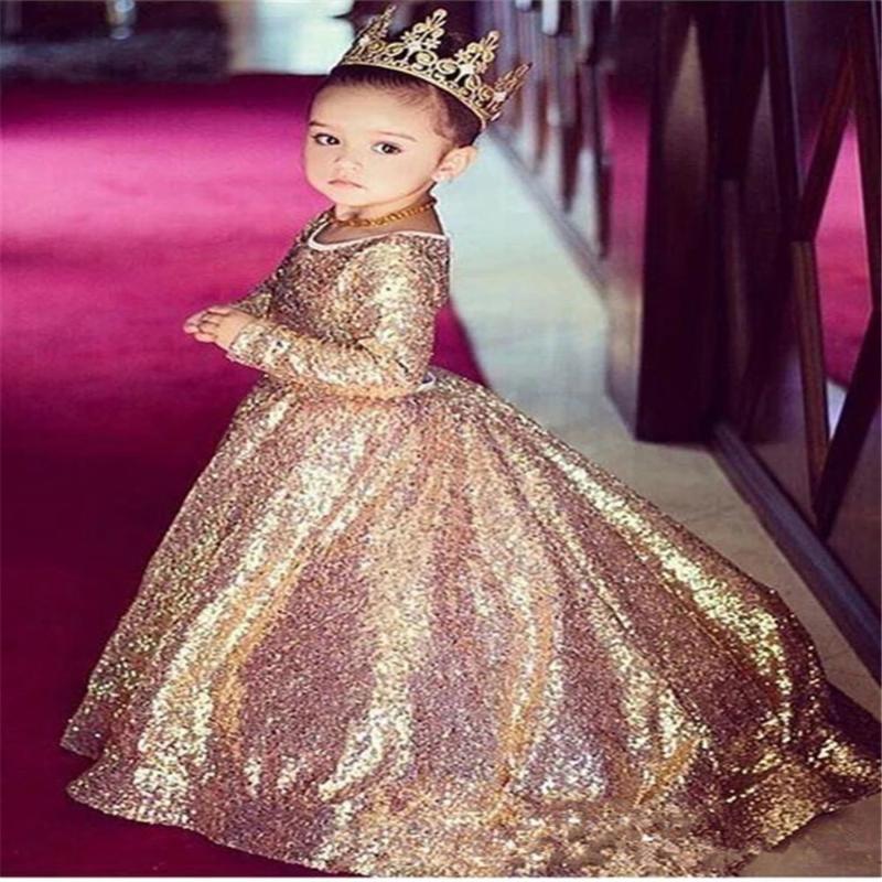 

Girl's Dresses Gold Sequins Luxury Elegance Flower Girl For Party Long Sleeve Get Together Dress First Holy Communion Gown, Red;yellow