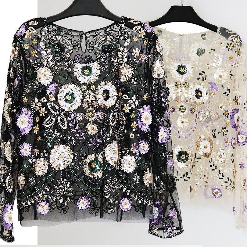 

2019 Female Fashion Tops Sexy Party Beaded Sequined Blouses European Runway Style Long Sleeves Shiny Shirts Halloween Costumes T200321, Beige