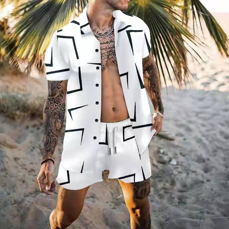 Spring Plus Size Black White Navy Blue Blouse Tracksuit Men's Shorts Loose Short Sleeve Shirt Geometric Print Beach Casual Suit