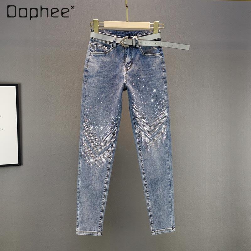 

2021 New Spring Women's Rhinestone Elastic Jeans High Waist Ladies Tight Fitted Hot Drilling Skinny Denim Pants, Blue