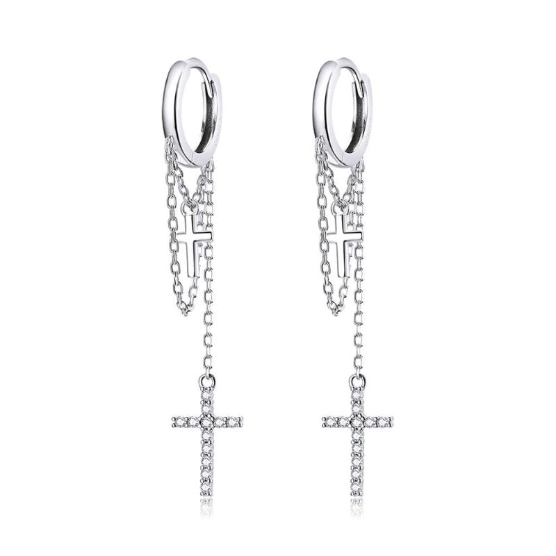 

Stud S925 Sterling Silver Cross Tassel Earrings Urban Mature Style Long Platinum Plated 925 Solid For Lady