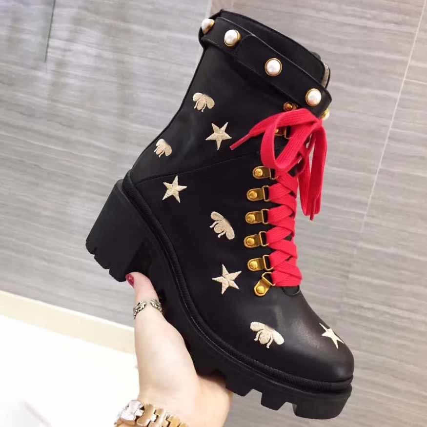 

Ribbon Fashion Ladies Sylvie Series Decorated Leathers Martin Boot Women Embroidered Leather Band Ankle Boots Top Designer Luxury woman, 20