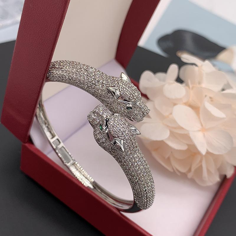 

European and American exaggerated double panther head full diamond zircon animal bracelet domineering personality male and femal