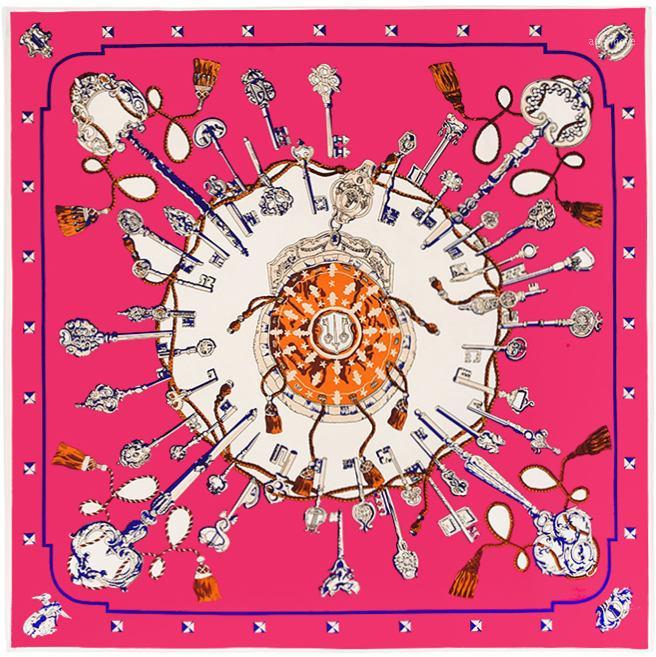 

100cm*100cm Twill Silk Women Silk Square Vintage Metal Key Chain Print Scarf Femal High Quality Retro Brand H Shawl 31071