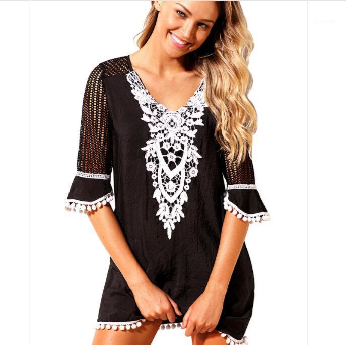 

women desigenr short skirt New seaside holiday v-neck half sleeve mesh lace ball ball beach blouse suntan skirt1, Blue