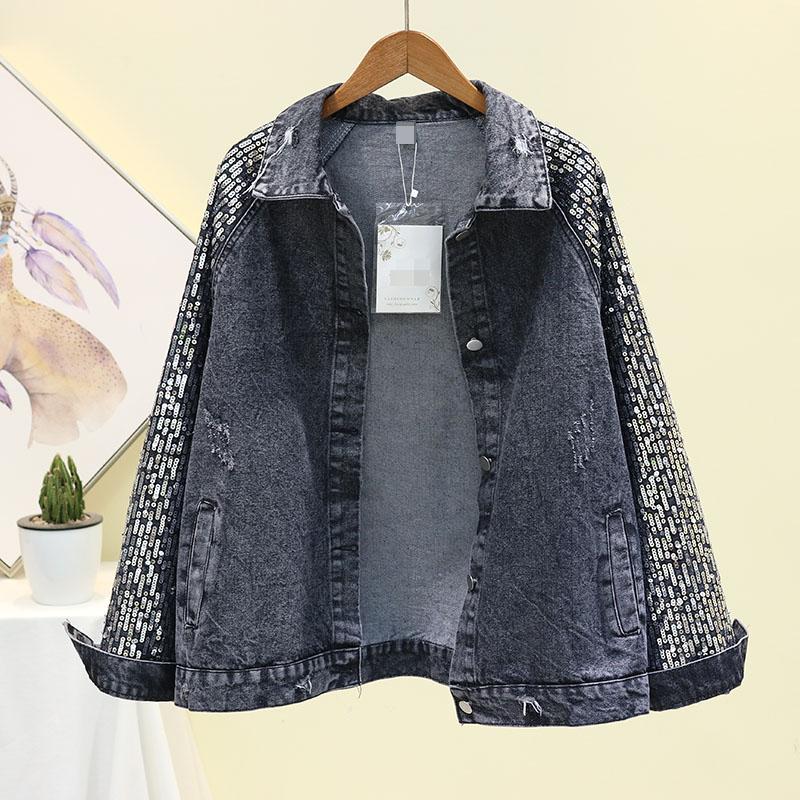 

2020 New Denim Jacket Sequins Overcoat Bomber Short Jeans Jacket Casual Loose Denim Outwear Long Sleeve Black Basic Coat Jackets, Blue