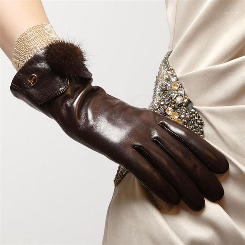 

Five Fingers Gloves Brand Genuine Leather High Quality Women Sheepskin Glove Fashion Trend Hair Ball Driving EL029NC1
