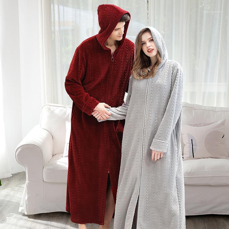 

Velvet Zip Bathrobe Hooded Plus Size Maxi Long Nightgown Couple's Thick Flannel Pajamas Bath Robe Sleepwear Autumn Winter Adults1, Wine red men