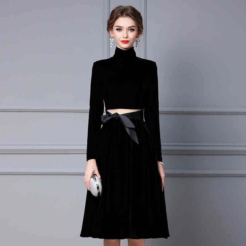 

Casual Dresses Zhili winter dress French golden velvet high neck long sleeve with coat, slim A-type skirt BNBW, Black