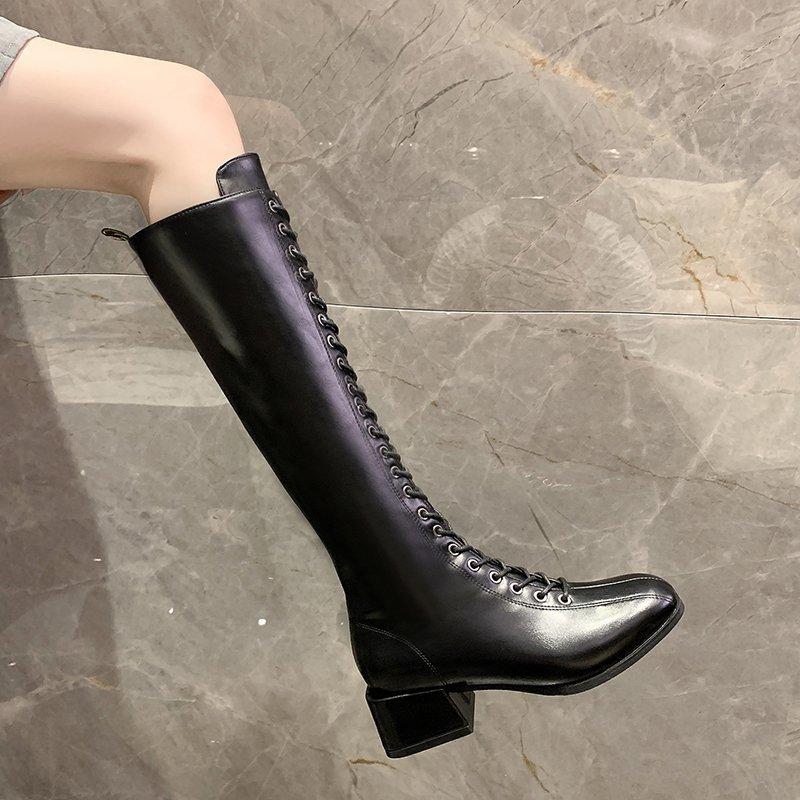 

2020 New Winter Women Boots Side Zipper Bandage PU Leather Chunky Heels High Boots Women Shoes, Black