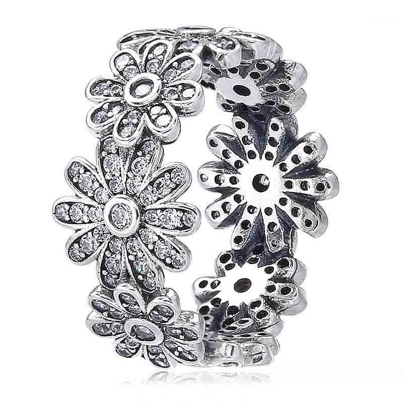 

New 925 Sterling Silver Ring Daisy Flower Meadow With Crystal Rings Band For Women Wedding Party Gift Fine Jewelry1