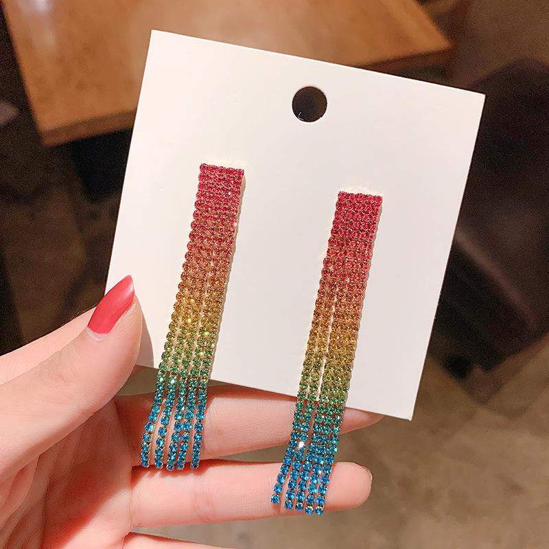 

Dangle & Chandelier Shiny Full Colorful Rhinestone Drop Earrings For Women Square Long Tassel Crystal Earring Weddings Fashion Jewelry Gifts