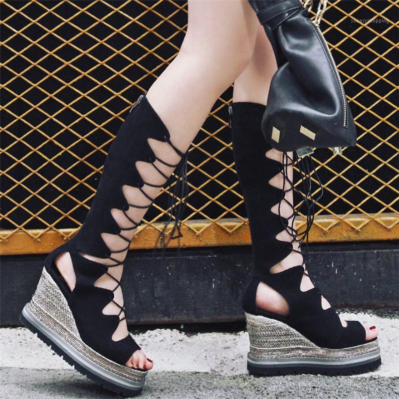 

Women Genuine Leather Wedges High Heel Mid Calf Gladiator Sandals Female Lace Up Strappy Summer Open Toe Platform Pumps Shoes1, Beige