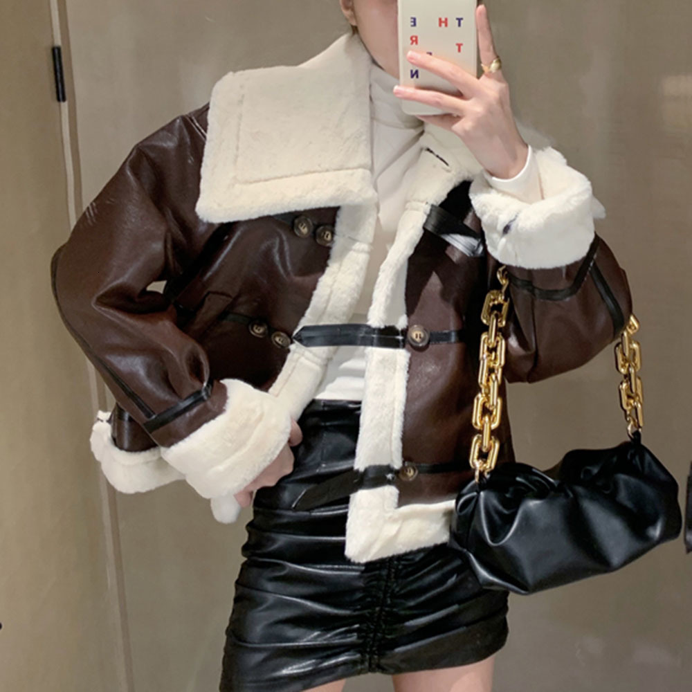 

2021 Short Cotton Padded Jacket Coat Women Fashion Stitching New Winter Thicken Velvet Loose Slim Warm Wear Female Button S8TT, Orange