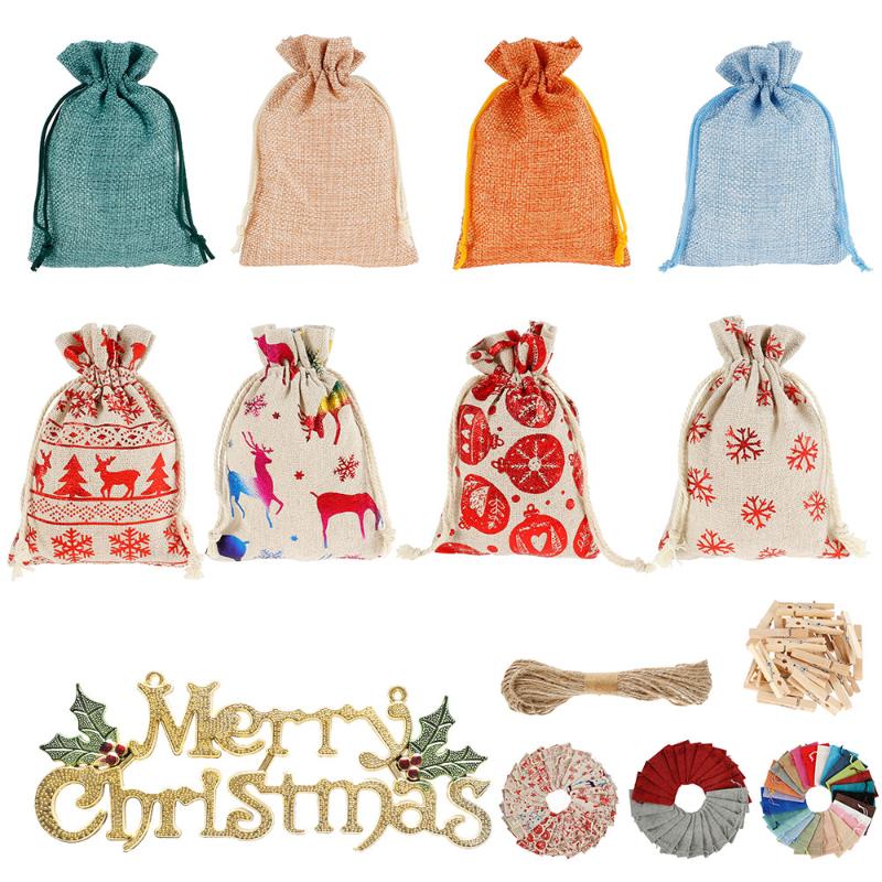 

24PCS Christmas Gift Bags Advent Calendar Countdown Bag Hanging Candy Gift Sacks Pouch with Clips Stickers Rope Home Xmas Decor