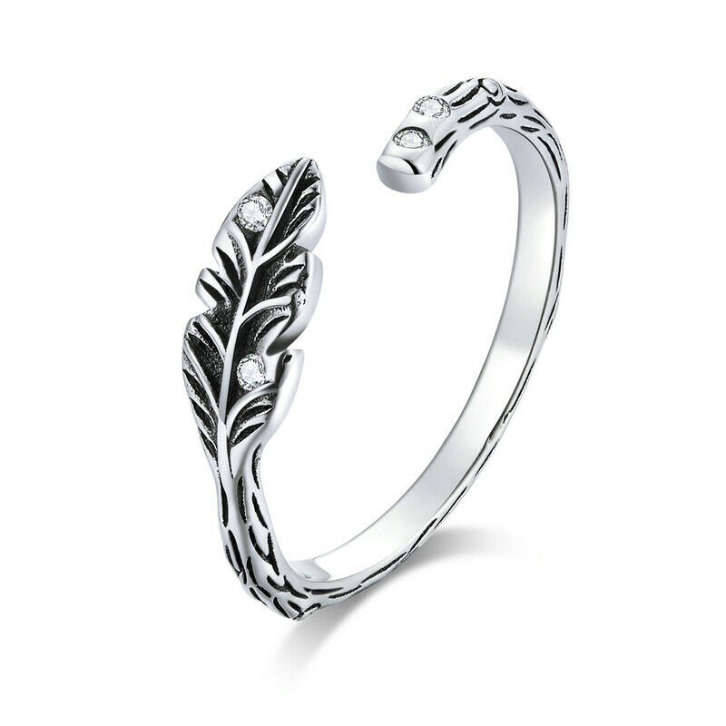 

Antique Silver European Women 925 Sterling Silver Feather Open Finger Ring Bands Girl Gfits