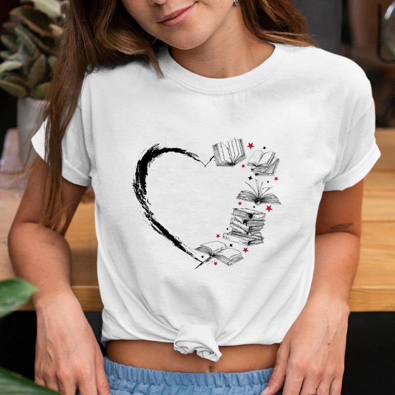 

Heart with Books Print Women Aesthetic Harajuku T-shirt School Reading Casual Short Sleeve Streetwear T Shirts Female Tops Tees, Null-fstwh-