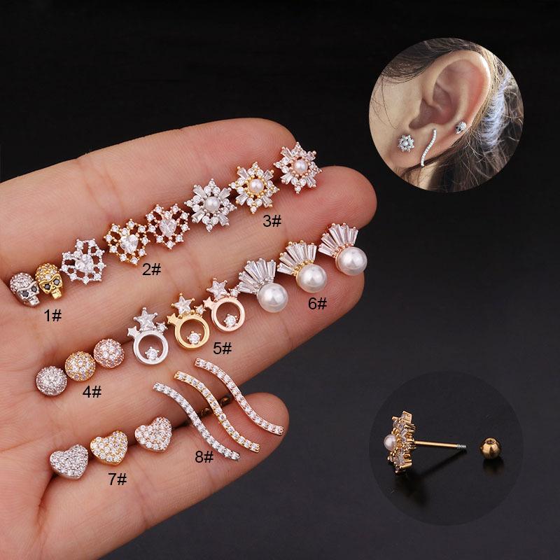 

1Piece Diameter 0.8mm Piercing Stud Earrings for Women 2020 Trend Jewelry Skull Round Heart Zircon Pearl Earrings Wholesale