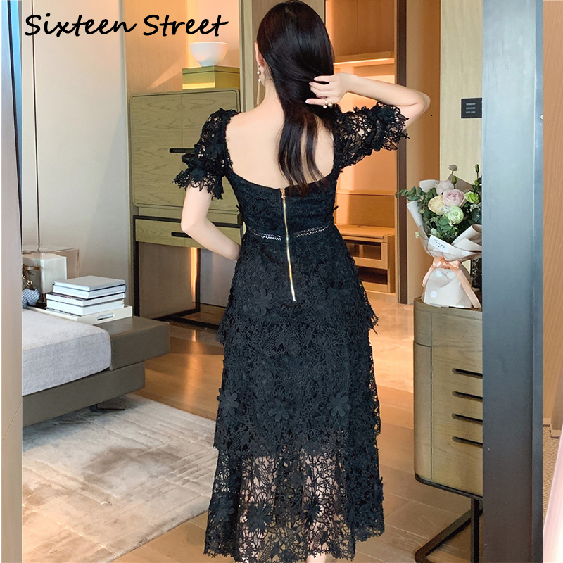 

Arrival New Puff As Women's Lace with Low-cut v Casual Fashion Hollow Out Black Dressed Woman Street Party 8cvh