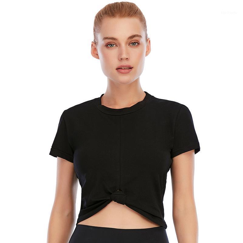 

Fitness Women Sport Top Knot Short Sleeve Yoga Shirt Solid Breathable Cotton Sportswear Workout Gym Wear1, Black