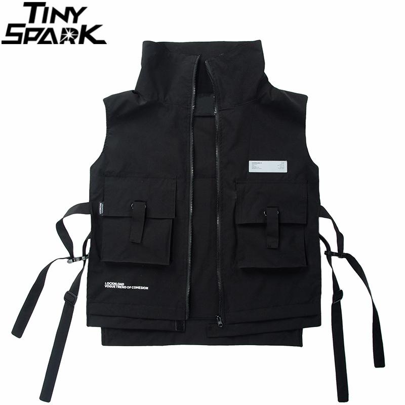 

2020 Men Hip Hop Combat Vest Cargo Jacket Streetwear Harajuku Buckle Ribbon Tactical Vest Bomber Waistcoat Utility Adjustable, A49hj2