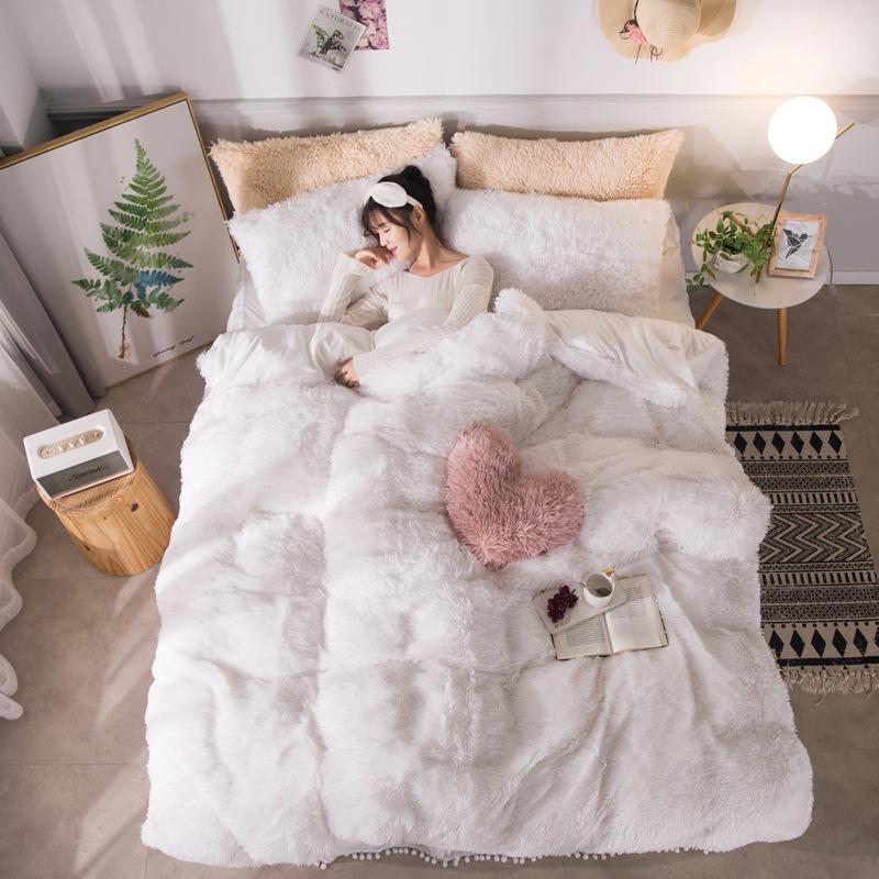 

White long hair bed skirt set Cashmere+velvet duvet cover set Camel Fleece bedidng thicken warm bed linen skirt ruffles ball1, Sandred velvet