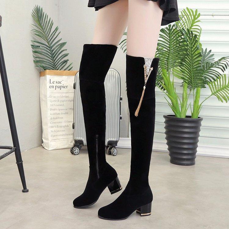 

Boots women's knees with thin and thin boots autumn and winter high-heeled stretch plus velvet women's1, Black