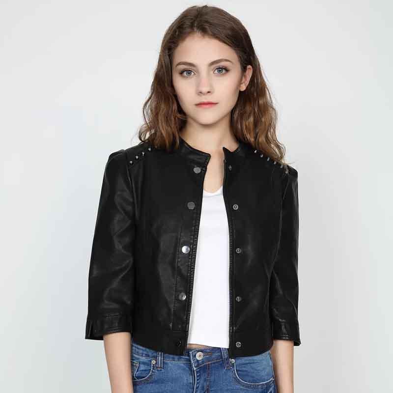 

Women' Jackets Black Button Autumn Short Slim Locomotive Pu Leather Studded Cropped Sleeve Jacket Tops