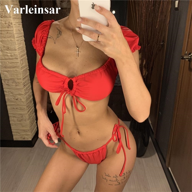 

New Pleated Bikini Short Sleeve Swimsuit Female Swimwear Women Sexy Two-pieces Bikini set Bather Bathing Suit Swim V1769 Y200319, Red