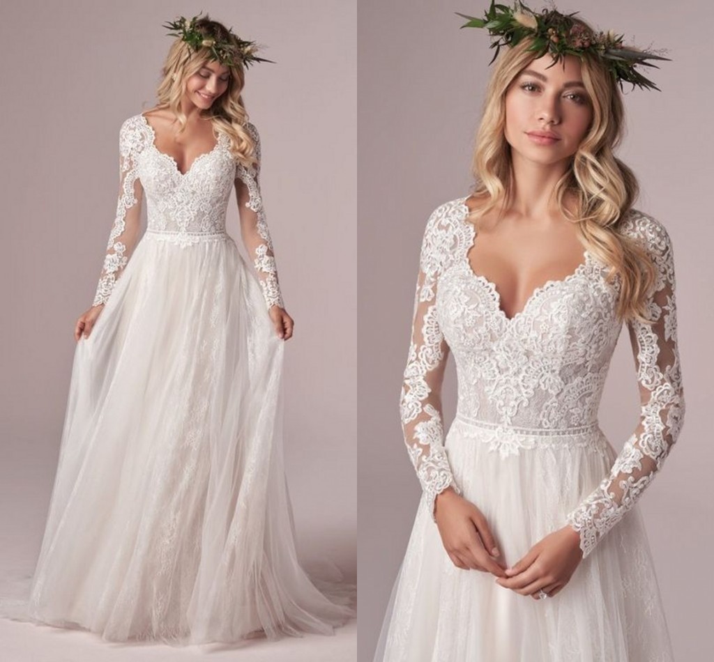 Une ligne robes de mariée à manches longues robe de mariée boho 2024 en dentelle tulle