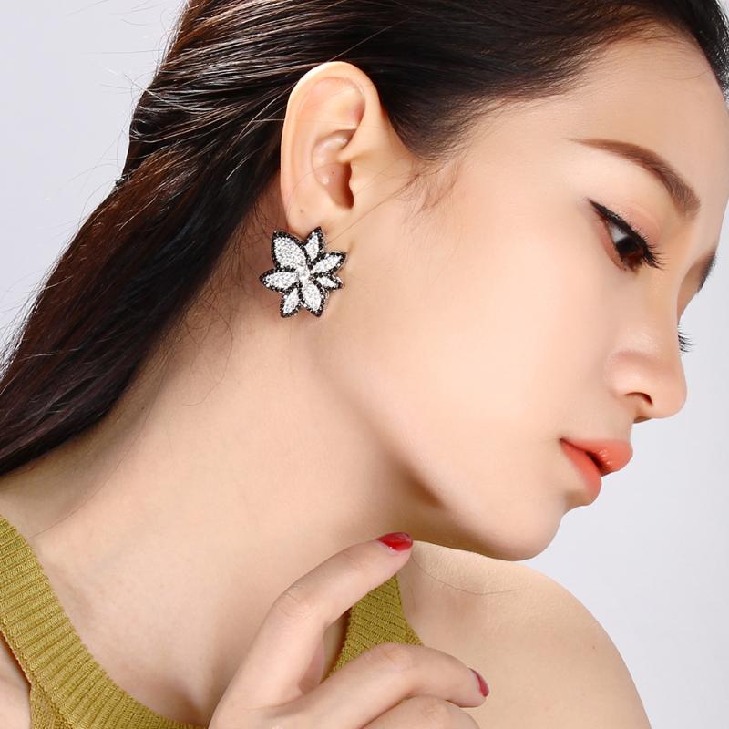

Stud Big Black And White Earrings Micro Pave Jet/Clear CZ Stones Brass Metal Jewelry Flower For Party