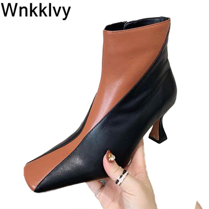 

Square toe mixed colors Ankle Boots women genuine leather high heel shoes 2020 sexy autumn winter short boots zapatos mujer, Black
