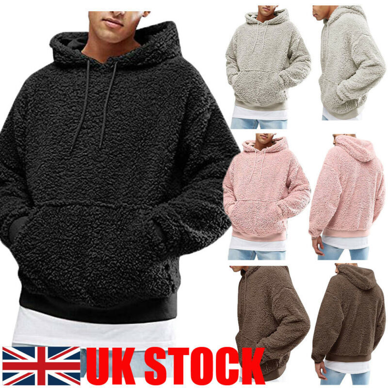 

UK Men Fashion Warm Fluffy Hoodie Pullover Fleece Sweatshirt Casual Hooded Solid Coat Jumper Autumn Winter, Coffee