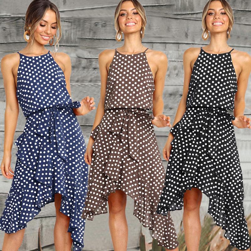 

Women Summer Dress Polka Dot Chiffon Sleeveless Beach Midi Casual Brown Dress 2020 Fashion Plus Size for Women, Black
