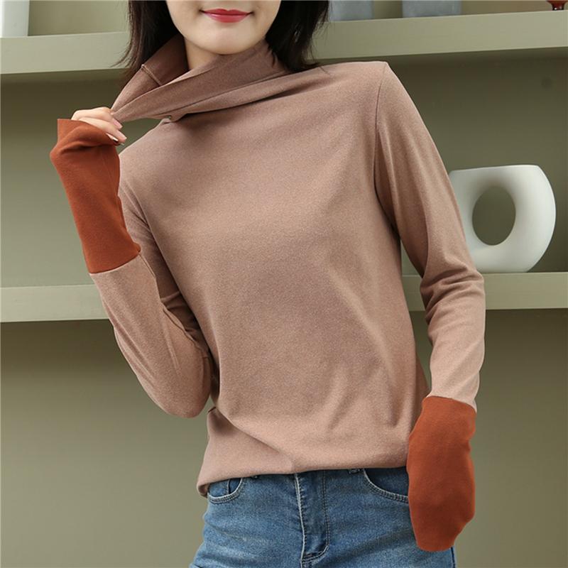 

Casual Patchwork Autumn Women T Shirt Fashion Turtleneck Pullovers Basic Loose Long Sleeves Soft Female Tops, Black gray