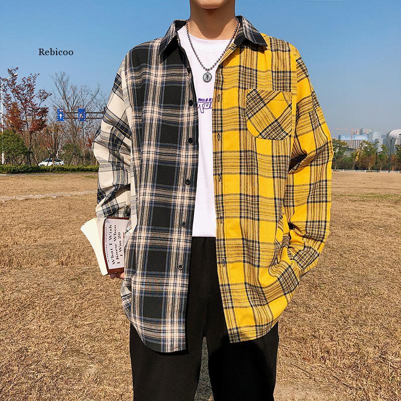 

Men Oversized Cotton Plaid Shirt Man Hip Hop Patchwork Button Up Long Sleeve Shirt Couple Korean Harajuku Clothing, Black yellow