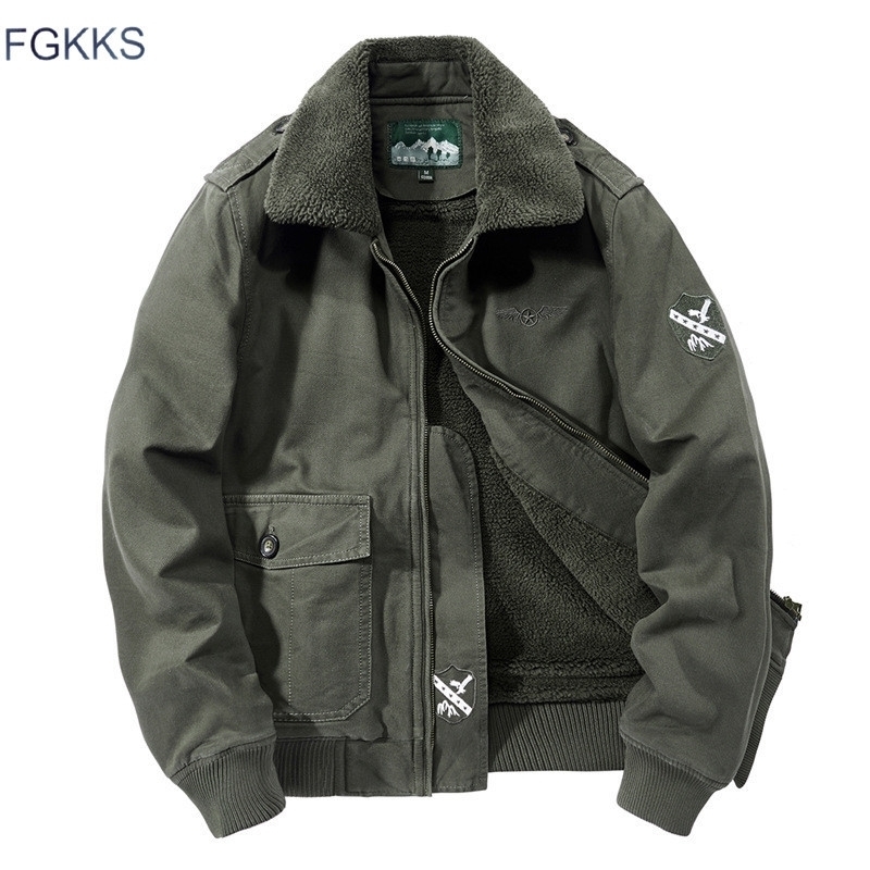 

FGKKS Men High Quality Jacket Men's Military Style Solid Color Jacket Male New Casual Brand Plus Velvet Thickening Jackets Coat 201123, Khaki