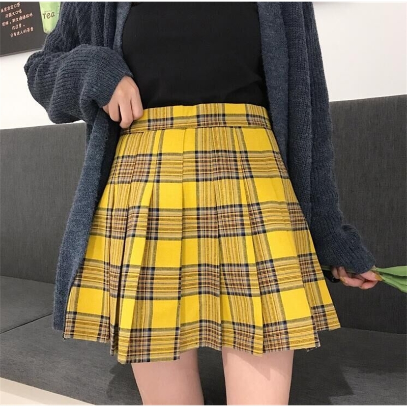 

New Women Fashion Street Style Big Size High-Waisted Yellow Chequered A-shaped pleated Charming Fashion Short Skirt XS-5XL Y200326, Black