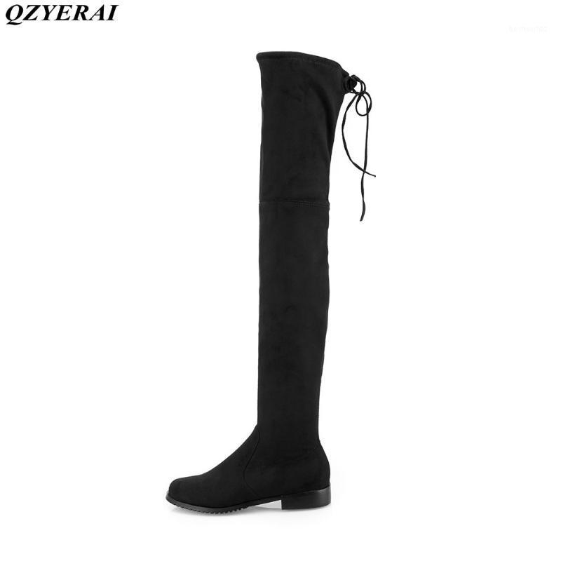 

QZYERAI New arrival knee boots boots stretch flat bottom back strap women's fashionable womens shoes1, Black