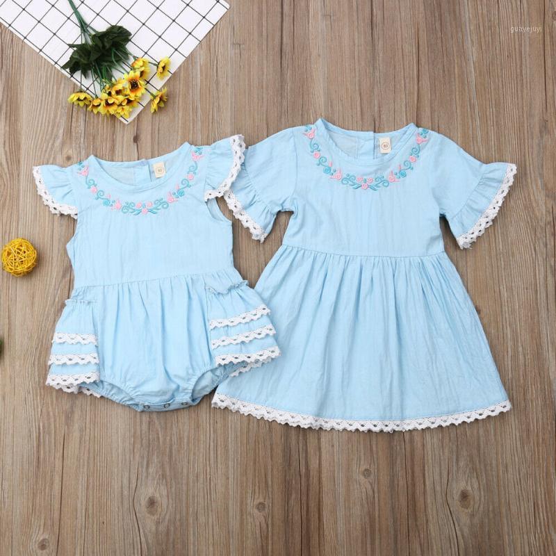 

Little/Big Sister Girl Short Sleeve Flower Romper Dress Matching Outfit Set Romper Kid Big Sister Embroidered Dress Clothes1, As pic