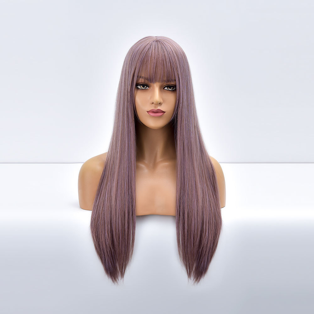 Costume Accessories Ombre Purple Long Straight Synthetic Wig For Black White Women Natural Heat Resistant Daily With Bangs Fiber Fake Hair W-image-749167847
