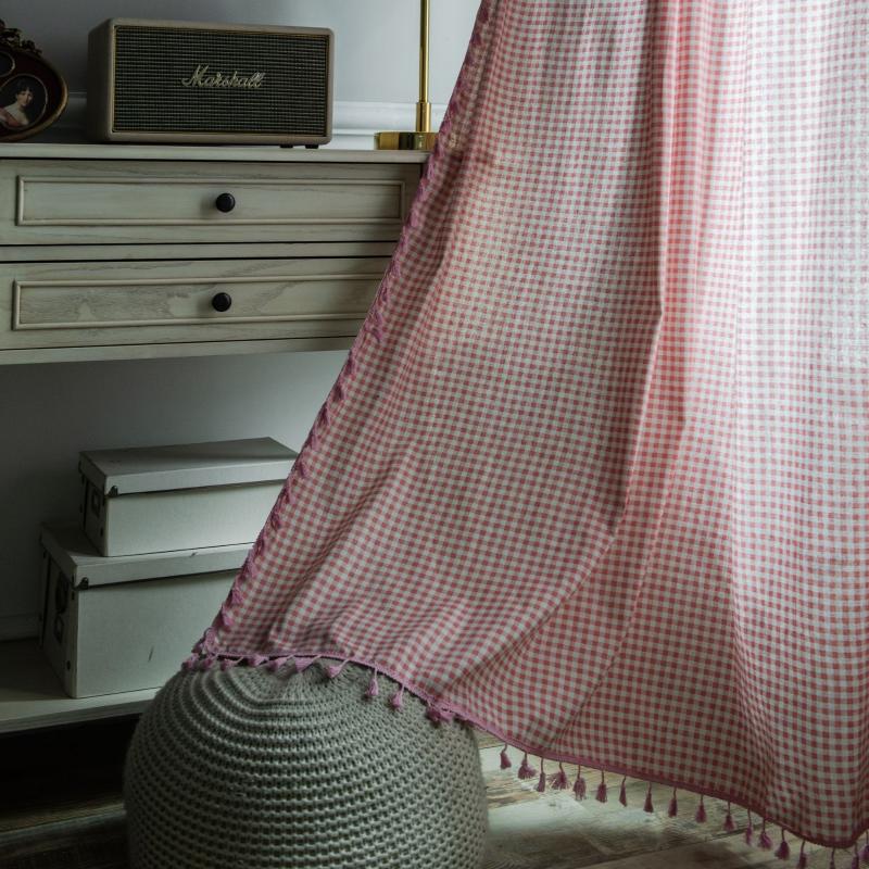 

Pink plaid linen curtains for girls living room bedroom windows tassel nordic Semi-shading readymade curtain, As pic