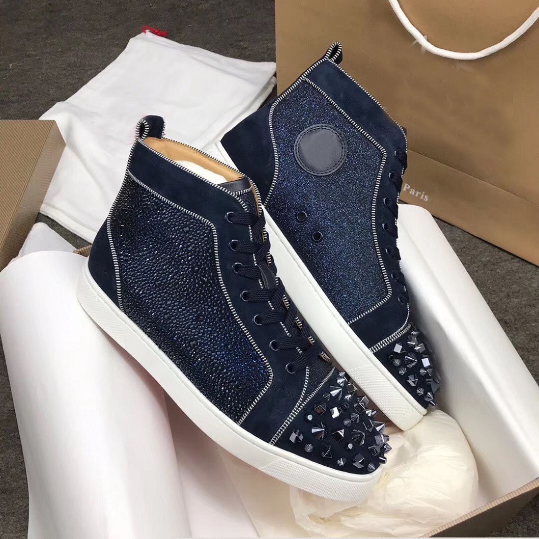 

Famous Brands Blue Studs & Strass Red Bottom Sneakers Shoes Men,Women Outdoor Rhinestone High Top Casual Walking LOVE Gift Party Wedding EU35-47, Black