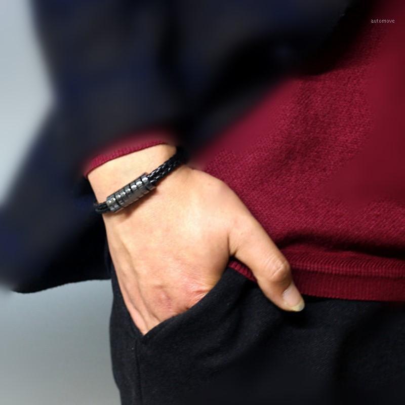 

2020 New Fashion Charm Male Leather Bracelet Hematite Stone Beads Black Bracelets & Bangles for Men Punk Jewelry1