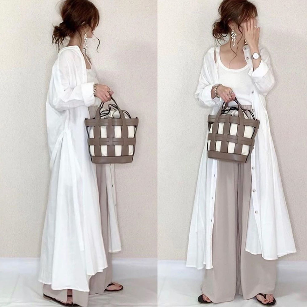 

2021 Spring Autumn New Dresses Sunscreen White Shirt Long Sleeve Single Breasted Loose Maxi Dress for Women LX6N