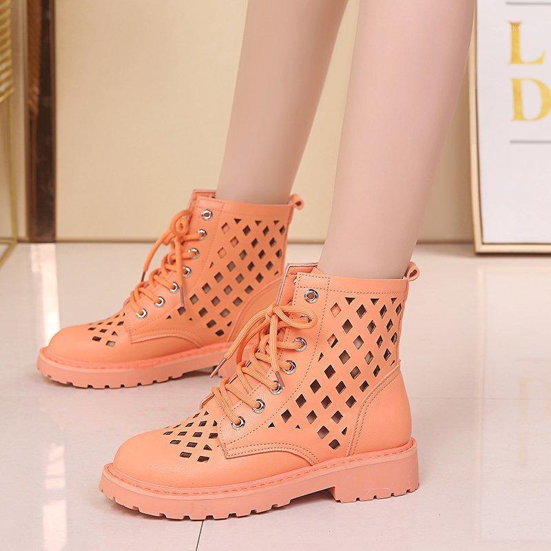 

Rimocy Hollow Out Summer Ankle Boots for Women Round Toe Lace Up Ladies Gladiator Sandals Black White PU Leather Flat Cool Boots1, Orange