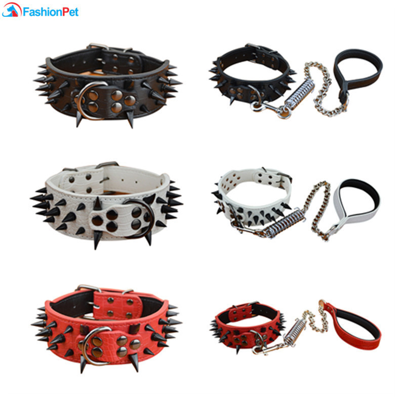 

PU Leather 2" Width Large Dog Collar Sharp Spikes Studded Medium Big Dog Collar and Leash Lead Set 201030
